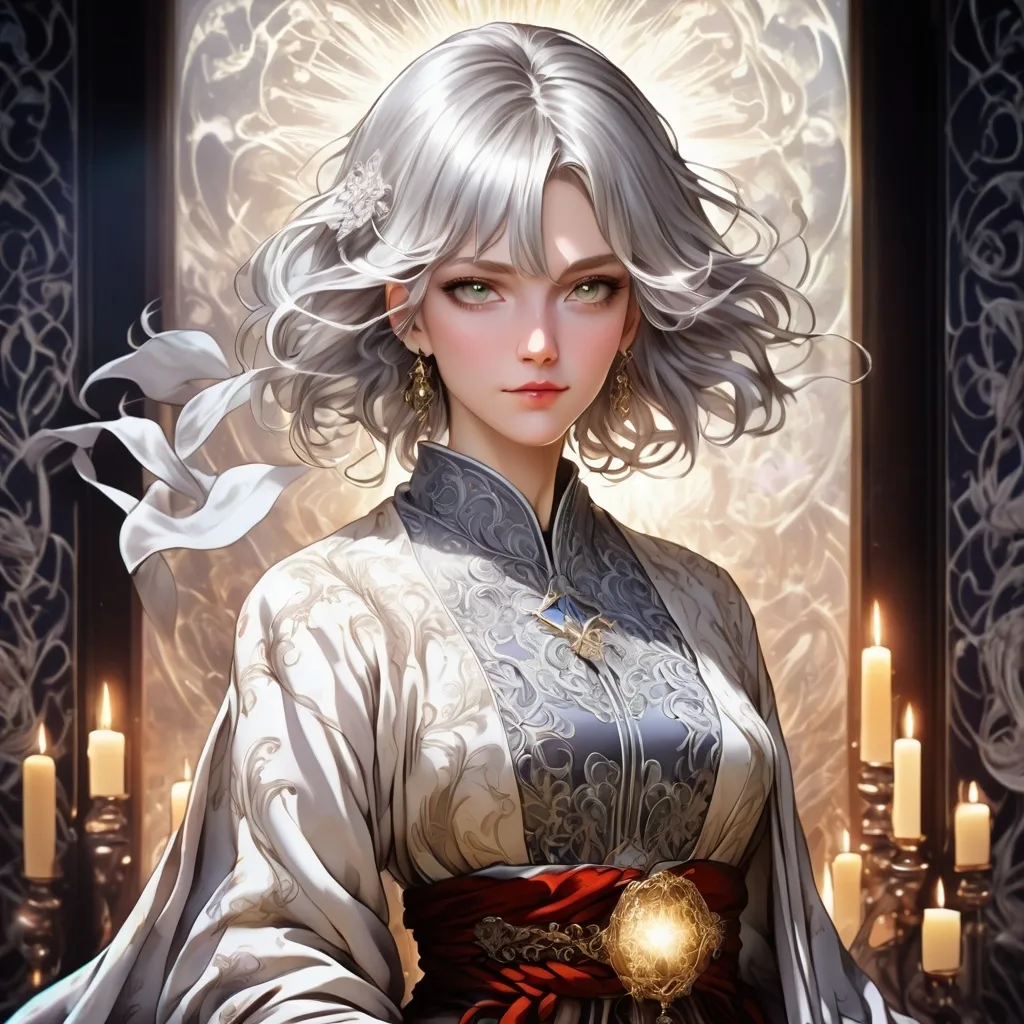 Prompt: tarot card Anime illustration, a silver-haired woman, detailed ornate cloth robe, dramatic lighting