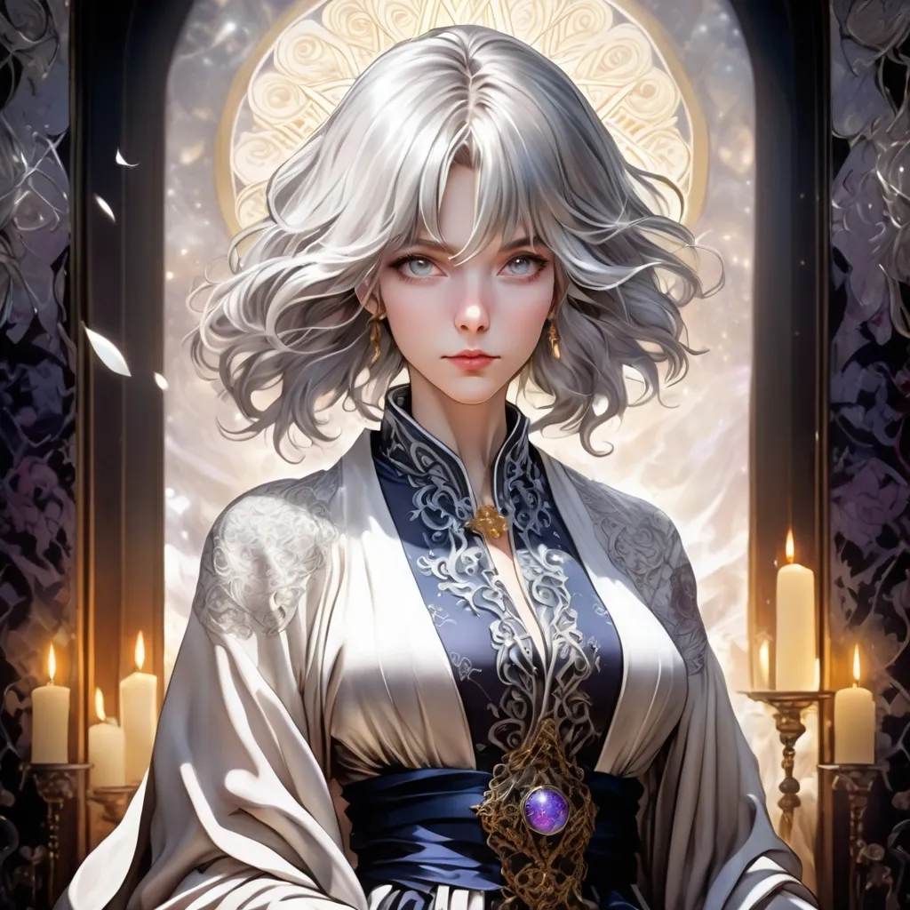 Prompt: tarot card Anime illustration, a silver-haired woman, detailed ornate cloth robe, dramatic lighting