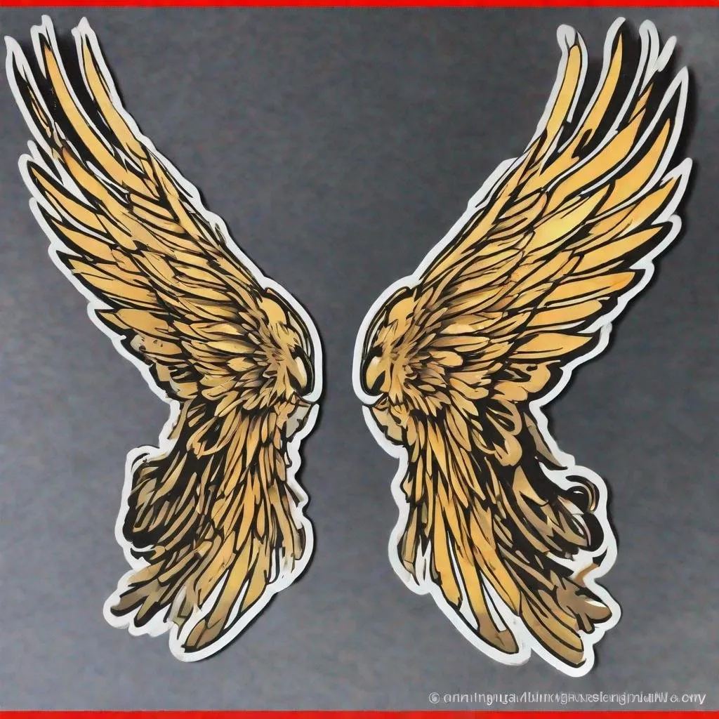 Prompt: A sticker of wings designed for a car. The sticker should be of fast moving wings seen from the top. The image should  contain the the left and right wings. They should be of a combination of few colours. The wings should be in a position indicating that they are fast moving against the wind, widely spread, in a gorgeous display of grandeur. The picture should only contain the wings. Very wide, fast moving, rich colours.