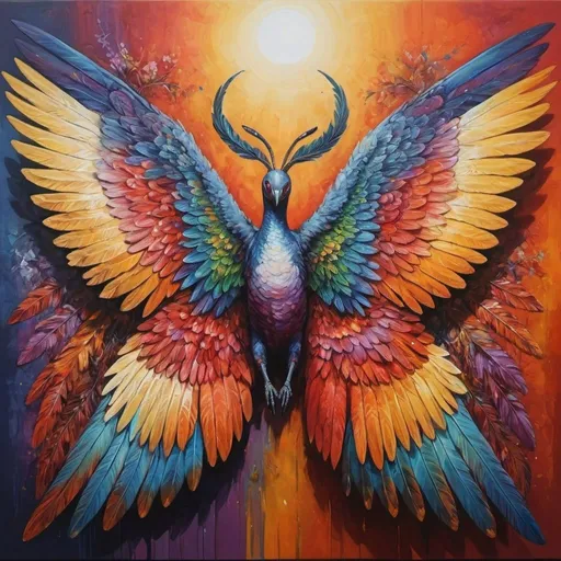 Prompt: A gorgeous painting of wide spread wings in rich vibrant colours. The painting only contains the wings. The rest of the body is eliminated.  The wings are wide, rugged and very detailed. They are the mirror image of each other.