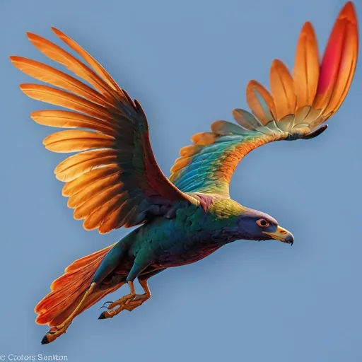 Prompt: A set of wings. The image should be of fast moving wings seen from the top. The image should  contain the left and right wings. They should be of a combination of some rich colours. The wings should be in a position indicating that they are fast moving against the wind, widely spread, in a gorgeous display of detail. The picture should only contain the wings. Very wide, fast moving, rich colours.