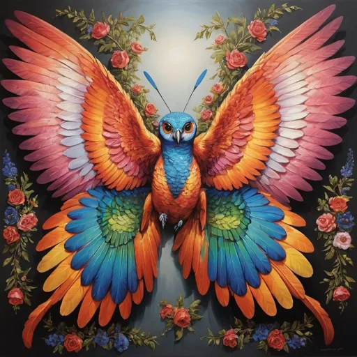 Prompt: A gorgeous painting of wide spread wings in rich vibrant colours. The painting only contains the wings. The rest of the body is eliminated.  The wings are wide, rugged and very detailed. They are the mirror image of each other.