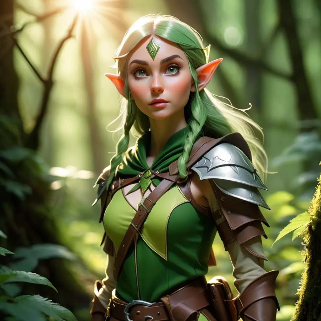 Prompt: Elf ranger in a mystical forest around sunlight