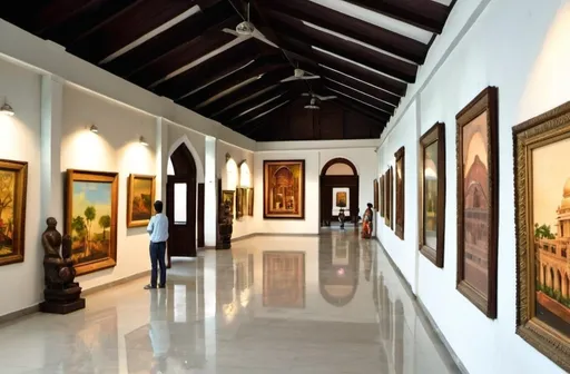 Prompt: To create an image representing the top art galleries in India, I will include a few iconic galleries with distinct architectural and artistic styles. Here's what I have in mind for the image:

The National Gallery of Modern Art, New Delhi: A modern structure with colonial architecture, including a beautiful facade with arches and domes.
Jehangir Art Gallery, Mumbai: A more contemporary building, known for its simple, cylindrical design with a clean, modern look.
Victoria Memorial Hall, Kolkata: A grand, colonial-style building with white marble, domes, and expansive gardens.
Kiran Nadar Museum of Art, New Delhi: A contemporary gallery with sleek, modern architecture and large glass windows.
Lalit Kala Akademi, Chennai: A smaller but significant gallery known for its regional art displays, featuring traditional Indian architecture with a more rustic look.