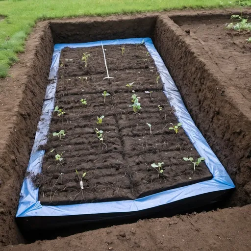 Prompt: A sunken moisture bed lined with polythene sheet and arrow roots growing in it