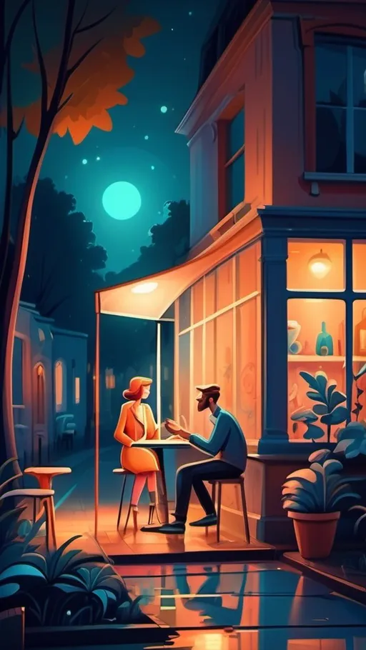 Prompt: (2D illustration), whimsical, set in an art gallery, two friends outside, night scenes, nostalgic jazz vibes, eclectic background of nature, charming atmosphere, artistic, HD quality.