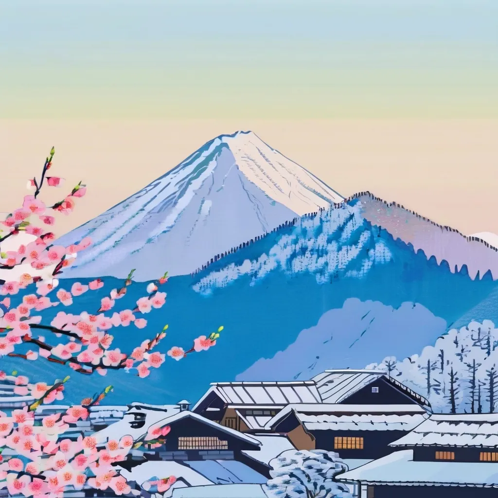 Prompt: draw me a Ukiyo-e style profile banner that shows a peaceful scenery of spring blossoms in a japanese mountain village in the morning time.