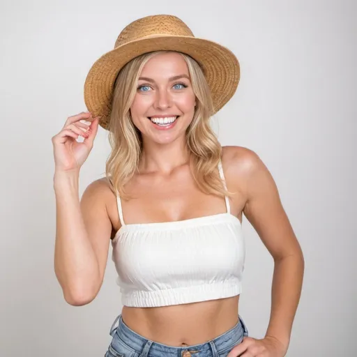 Prompt: attractive blonde woman with blue eyes and a big smile, on a white background. wearing a crop top, with her hand on her hip. she has a camera around her neck and a straw hat on