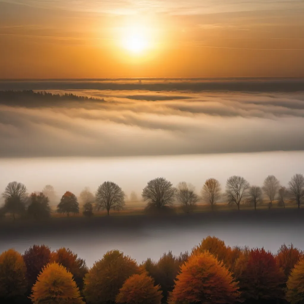 Prompt: sun rising in autumn with foggy clouds around