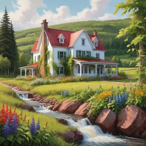 Prompt: A beatiful vibrant colors farmhouse in a remote valley, overgrown with vines and wildflowers, rendered with photorealistic precision in the architectural details and natural elements, combined with expressive brushstrokes in the surrounding landscape, near River, waterfall, green gables, Prince Edward island House style