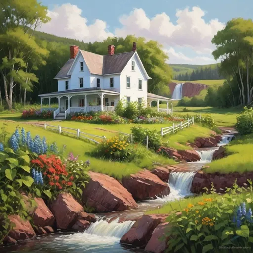 Prompt: A beatiful vibrant colors farmhouse in a remote valley, overgrown with vines and wildflowers, rendered with photorealistic precision in the architectural details and natural elements, combined with expressive brushstrokes in the surrounding landscape, near River, waterfall, green gables, Prince Edward island House style