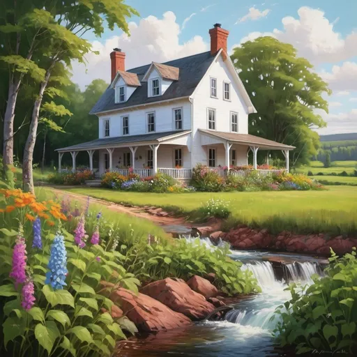 Prompt: A beatiful vibrant colors farmhouse in a remote valley, overgrown with vines and wildflowers, rendered with photorealistic precision in the architectural details and natural elements, combined with expressive brushstrokes in the surrounding landscape, near River, waterfall, green gables, Prince Edward island House style