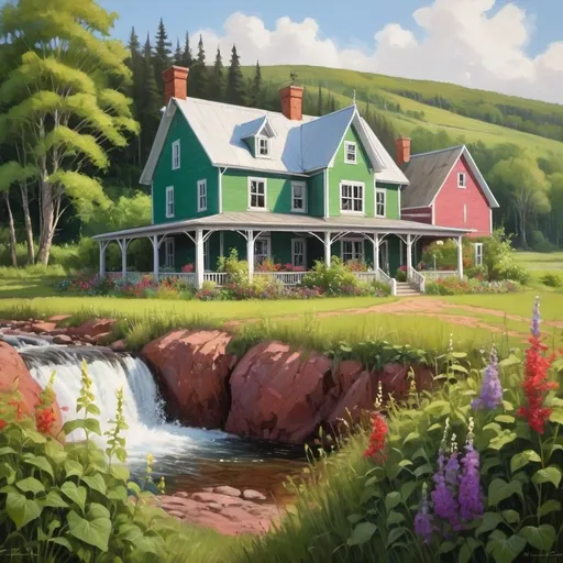 Prompt: A beatiful vibrant colors farmhouse in a remote valley, overgrown with vines and wildflowers, rendered with photorealistic precision in the architectural details and natural elements, combined with expressive brushstrokes in the surrounding landscape, near River, waterfall, green gables, Prince Edward island House style