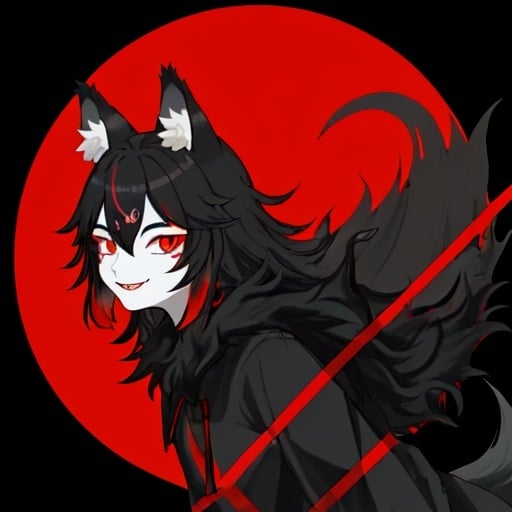 Prompt: black with red line wolf face, wolf ear, smile cutely, black fur body, glowey red colored eye, 