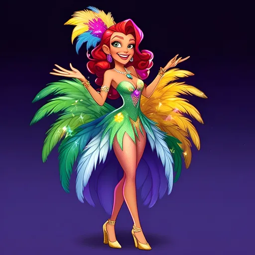 Prompt: <mymodel> Brazil carnival casual-cartoon character, HD, polished, high resolution, vibrant and colorful, detailed feathers and sequins, Pixar-style casual game, vibrant, detailed costume, energetic lighting, festive atmosphere, animated, energetic colors, detailed makeup, professional, polished rendering