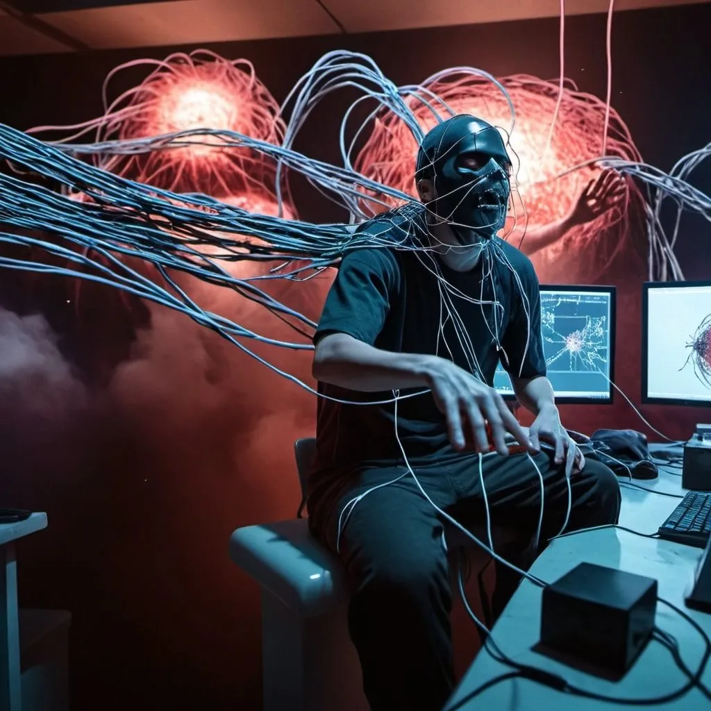 Prompt: a cyber hacker sitting at a desk facing  aseries of screens that are all running linux terminal tools like nmap, msfconsole, and bettercap, while he is shooting drugs into his arms via cables plugged into his hard drive