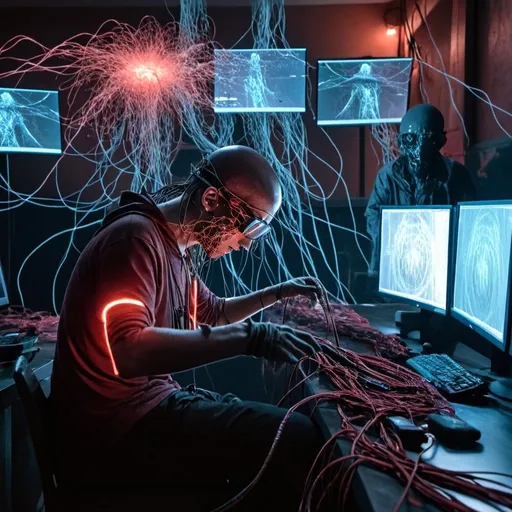 Prompt: a cyber hacker sitting at a desk facing  aseries of screens that are all running linux terminal tools like nmap, msfconsole, and bettercap, while he is shooting drugs into his arms via cables plugged into his hard drive