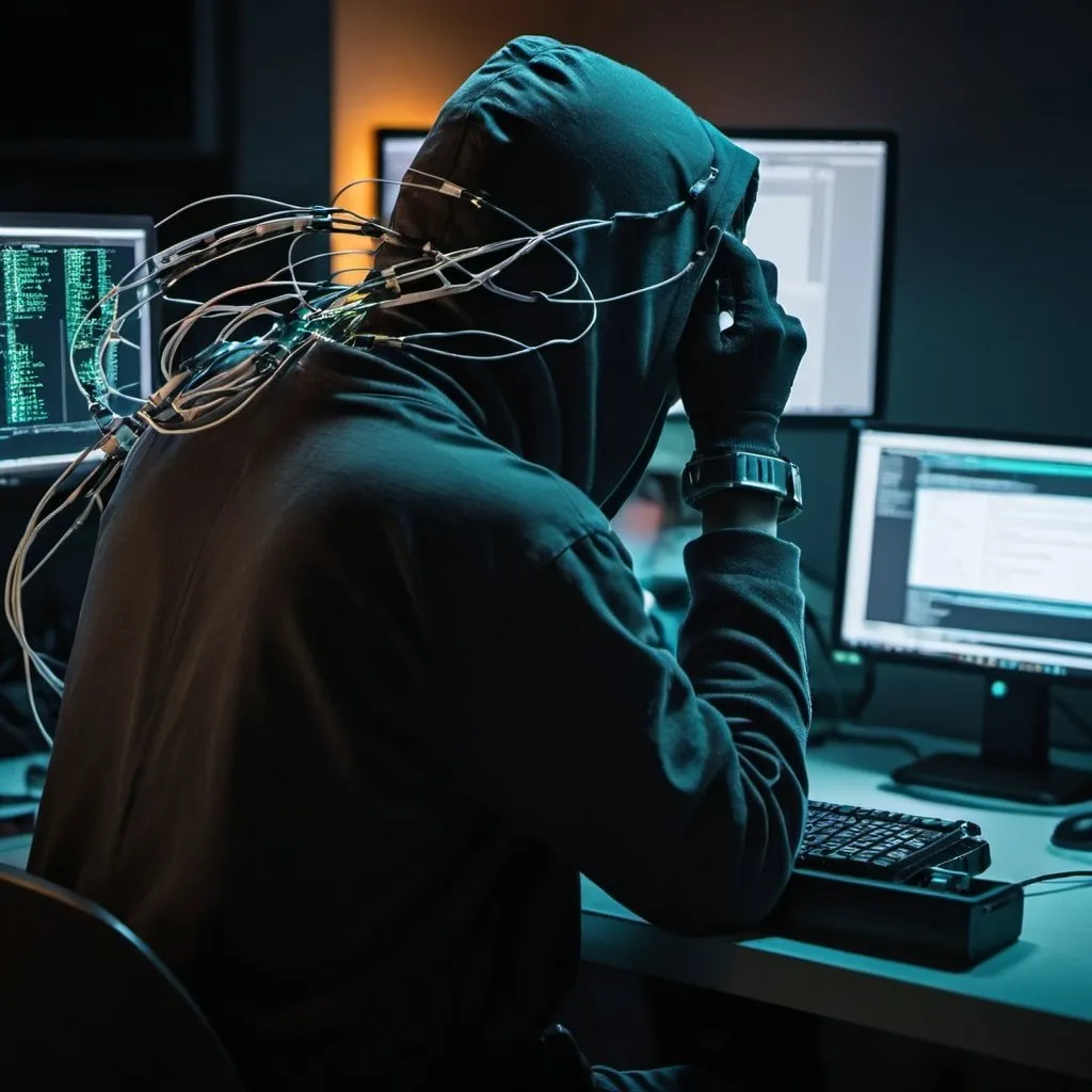 Prompt: a cyber hacker sitting at a desk facing  aseries of screens that are all running linux terminal tools like nmap, msfconsole, and bettercap, while he is shooting drugs into his arms via cables plugged into his hard drive