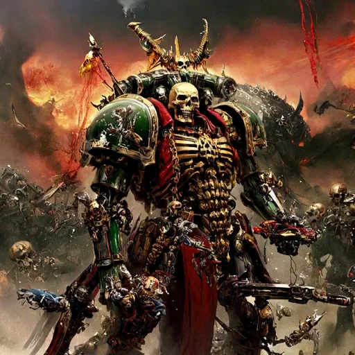 Prompt: Salvador Dalí style vision, surrealist, dreamlike, precise, violent warhammer 40k like demi god machine soldier holding very futuristic boltguns that have belts of bullets hanging down , each of them a green dim hue inside the shell, carrying a virus, on the ground around him there is nothing but skulls, and bones, as he stands head up high with his massive persona, covered in wartorn exoskeleton