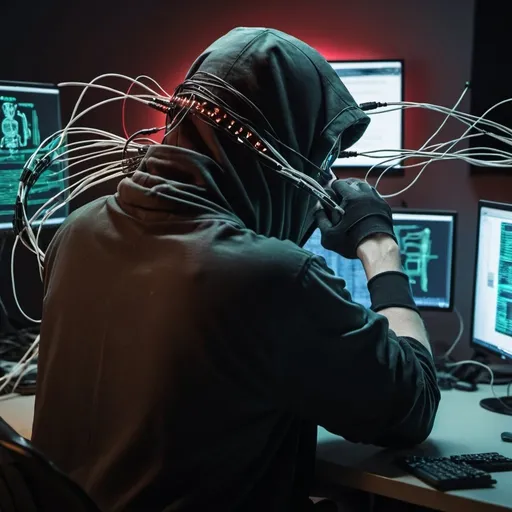 Prompt: a cyber hacker sitting at a desk facing  aseries of screens that are all running linux terminal tools like nmap, msfconsole, and bettercap, while he is shooting drugs into his arms via cables plugged into his hard drive