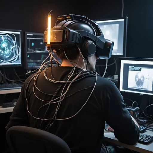 Prompt: put an VR helmet on him that looks like something out of neuromancer, and run cables down from the sides of the helmet into different viles of bright chemicals in tubes on his back, also make the screens on the computers appear to vibrate light from the screen