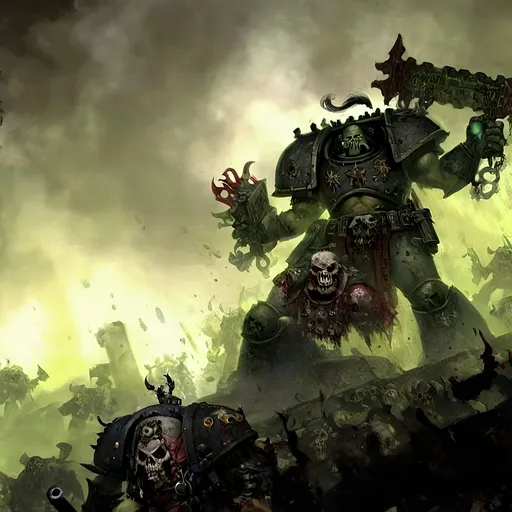 Prompt: A chaos space marine over looking an army of the undead chaos dameons, nurgle is in the background leaking evil impurity
