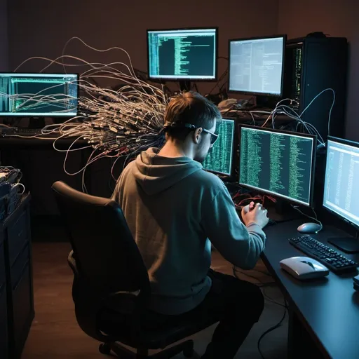 Prompt: a cyber hacker sitting at a desk facing  aseries of screens that are all running linux terminal tools like nmap, msfconsole, and bettercap, while he is shooting drugs into his arms via cables plugged into his hard drive