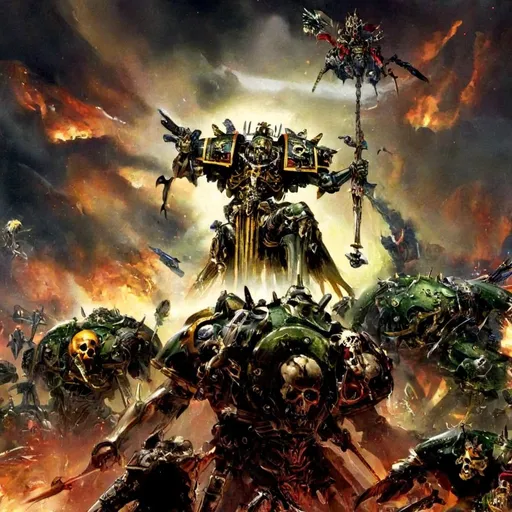 Prompt: Salvador Dalí style vision, surrealist, dreamlike, precise, violent warhammer 40k like demi god machine soldier holding very futuristic boltguns that have belts of bullets hanging down , each of them a green dim hue inside the shell, carrying a virus, on the ground around him there is nothing but skulls, and bones, as he stands head up high with his massive persona, covered in wartorn exoskeleton