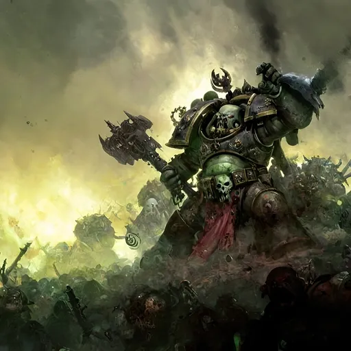 Prompt: A chaos space marine over looking an army of the undead chaos dameons, nurgle is in the background leaking evil impurity