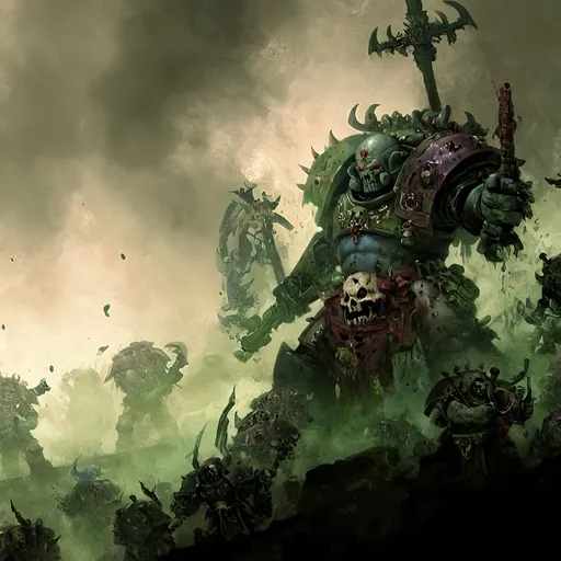 Prompt: A chaos space marine over looking an army of the undead chaos dameons, nurgle is in the background leaking evil impurity