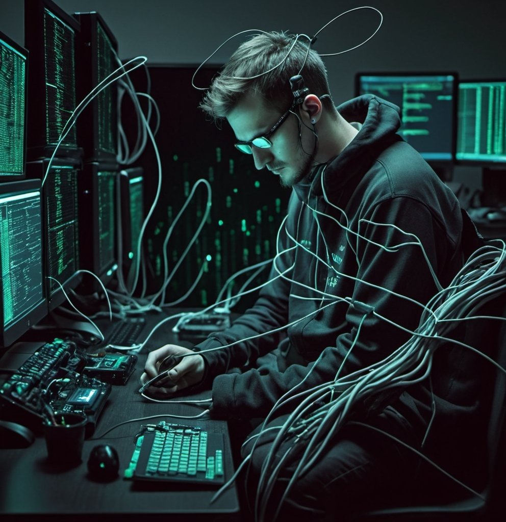 Prompt: a cyber hacker sitting at a desk facing  aseries of screens that are all running linux terminal tools like nmap, msfconsole, and bettercap, while he is shooting drugs into his arms via cables plugged into his hard drive