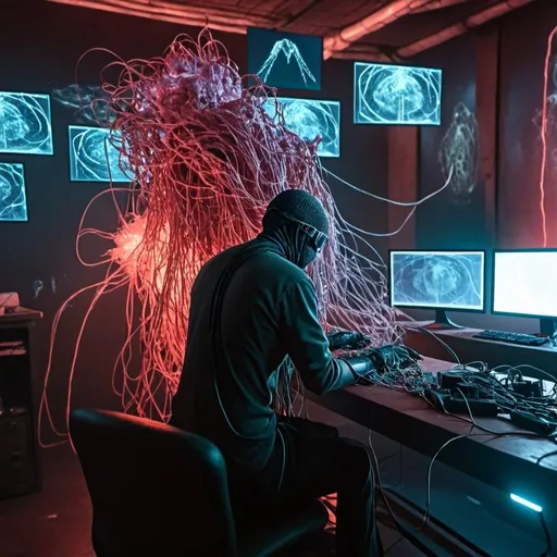 Prompt: a cyber hacker sitting at a desk facing  aseries of screens that are all running linux terminal tools like nmap, msfconsole, and bettercap, while he is shooting drugs into his arms via cables plugged into his hard drive