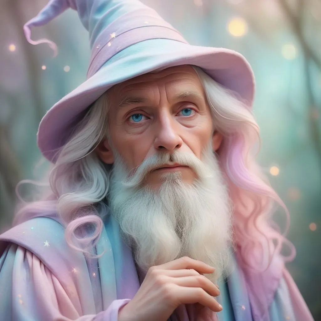 Prompt: Dreamy pastel portrait, wizard, ethereal atmosphere, soft focus