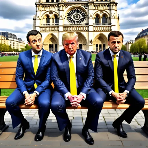 Prompt: Draw a caricature, a scene from a cartoon. Three men are sitting on a bench. Donald Trump in a blue business suit and a yellow tie. Ukrainian President Volodymyr Zelensky in a military uniform. Emmanuel Macron in a black suit are sitting on a bench opposite Notre Dame. They are sad, looking straight at us, and pigeons are pecking crumbs around them. The faces of these characters are very detailed and look very much like real presidents.