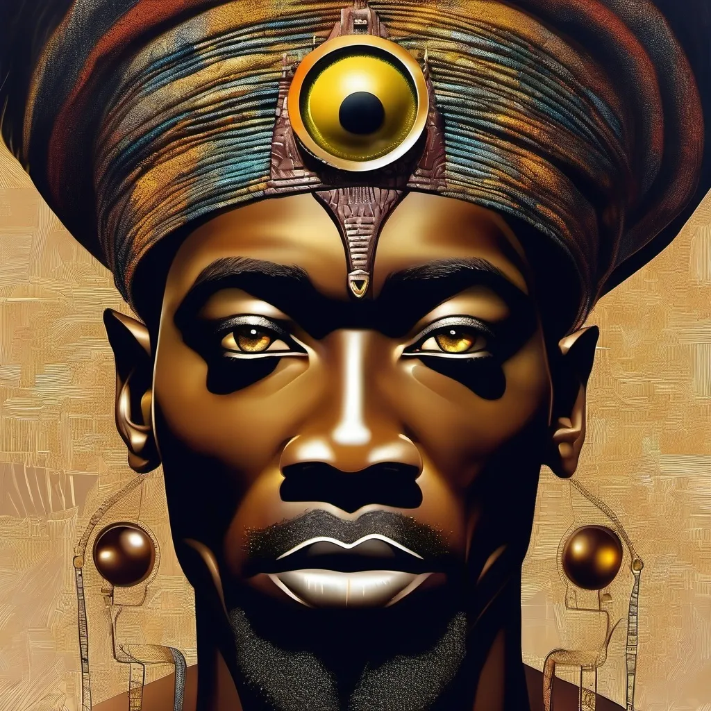 Prompt: African King with elctric eyes vision, surrealist, dreamlike, precise,