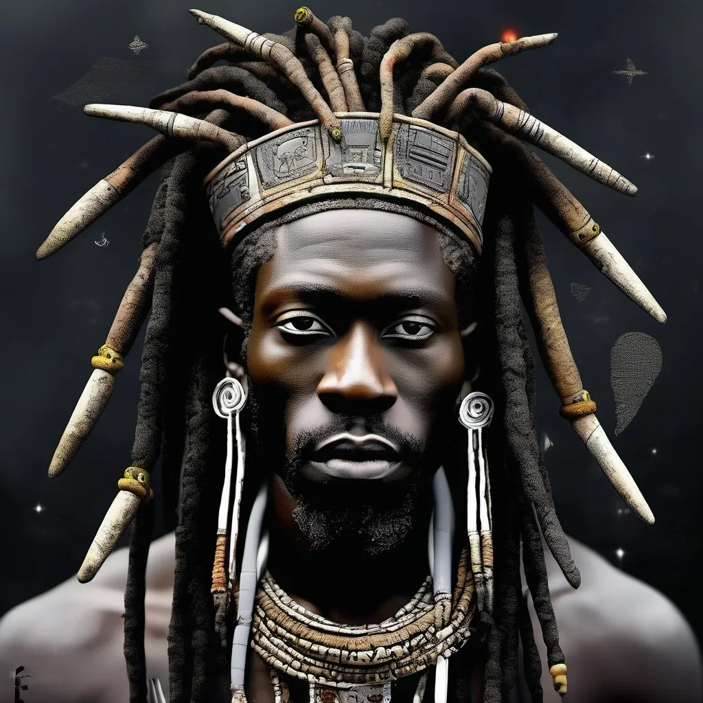 Prompt: African King with white eyes vision, with dreads, surrealist, dreamlike, precise,