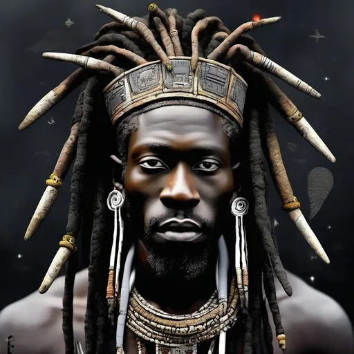 Prompt: African King with white eyes vision, with dreads, surrealist, dreamlike, precise,