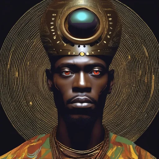 Prompt: African King with elctric eyes vision, surrealist, dreamlike, precise,