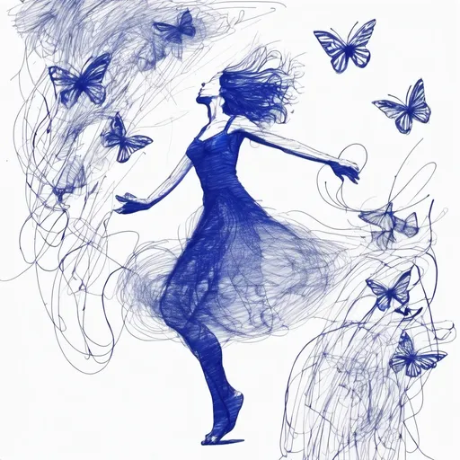 Prompt: a drawing of a woman dancing with butterflies made with scribbles and messy lines, blue ballpoint, monochrome