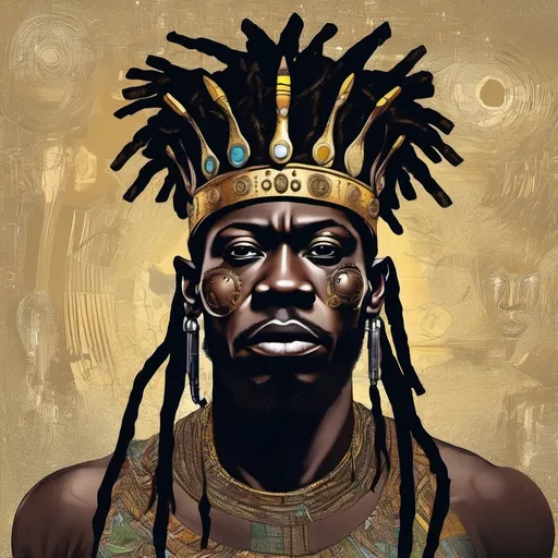 Prompt: African King with electricity in eyes vision, with dreads, surrealist, dreamlike, precise,