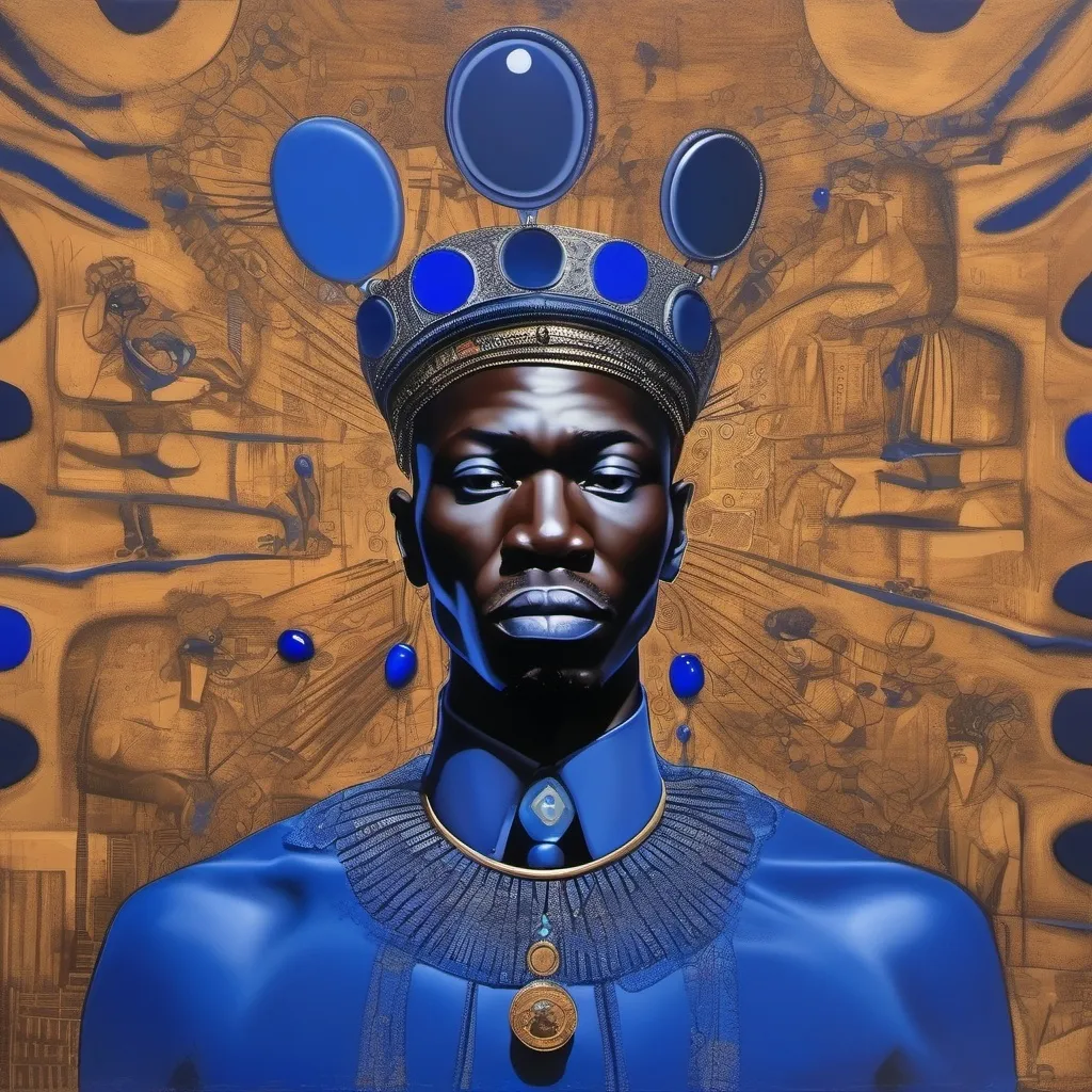 Prompt: African king in royal blue vision, surrealist, dreamlike, precise,