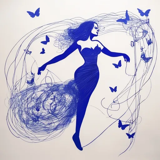 Prompt: a drawing of a curvy woman dancing with butterflies made with scribbles and messy lines, blue ballpoint, monochrome