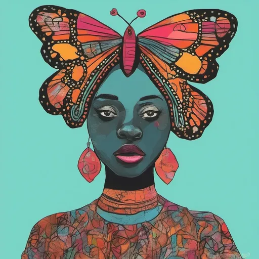 Prompt: Pop art, an African princess women with a butterfly head