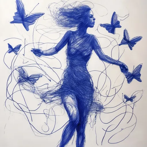 Prompt: a drawing of a woman dancing with butterflies made with scribbles and messy lines, blue ballpoint, monochrome