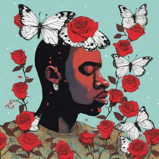 Prompt: Pop art, African men crying over a rose that grows as he cries, with crown on his head, white butterflies surround him as he bows his head