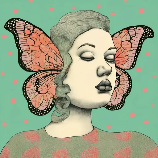 Prompt: Pop art, a curvy women with butterfly head, sage background