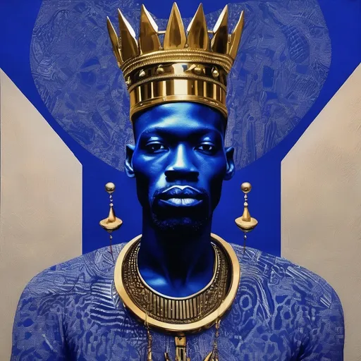 Prompt: African king in royal blue vision, surrealist, dreamlike, precise,