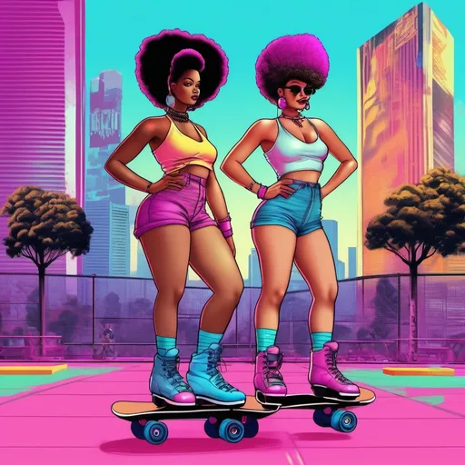 Prompt: retro 80s art, 2 curvy women with afro puffs, with butterfly halter top on roller skates down a skate park , retro art, synthwave, city view in the background, highly detailed