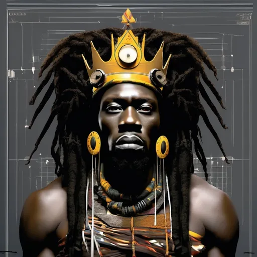 Prompt: African King with electricity in eyes vision, with dreads, surrealist, dreamlike, precise,