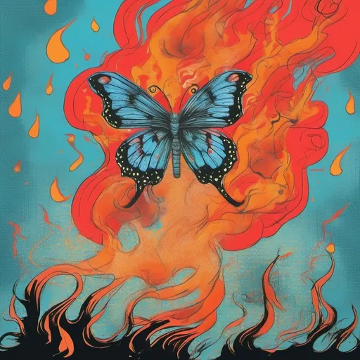 Prompt: Pop art, a butterfly on fire, with smoke in background